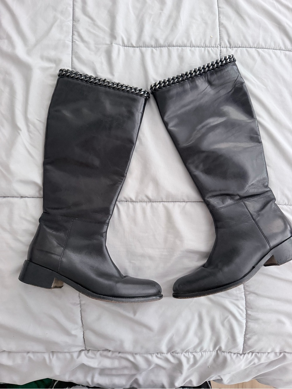 Johnston & Murphy black leather knee-high riding boots Chain Trim